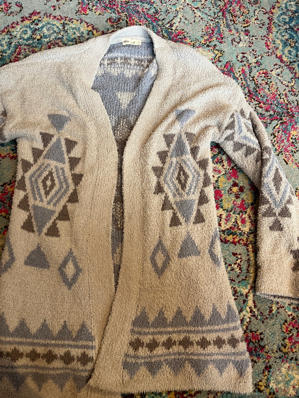 Cozy Geometric Open-Front Cardigan - Beige/Gray